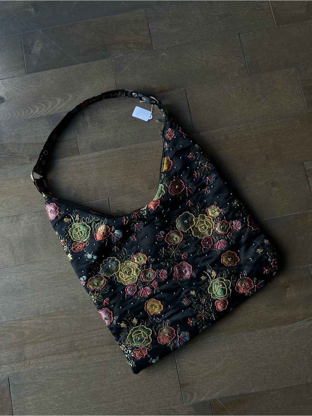 Embroidered Floral Black Shoulder Bag